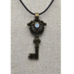 Antique Bronze Key Pendant Necklace Black Cord Crystal Accent – Gothic Romance